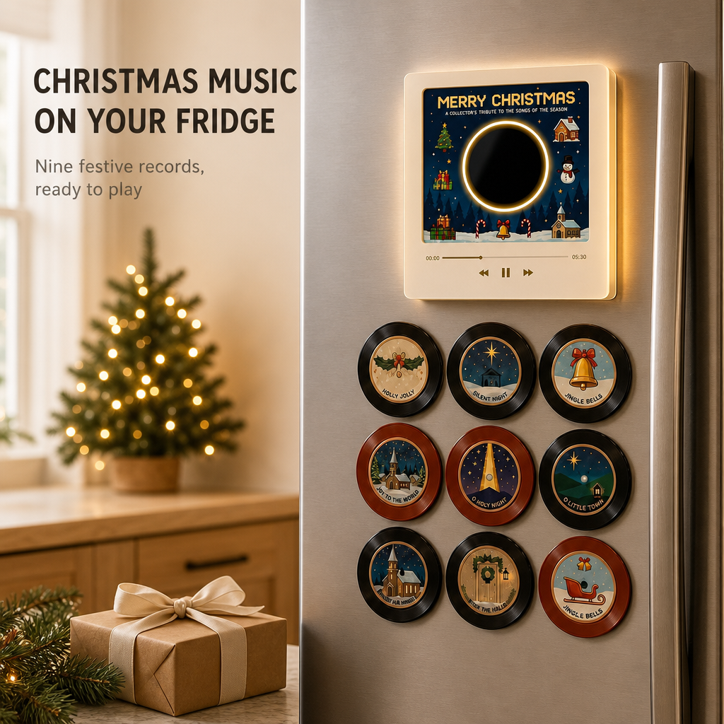 Music player on a fridge with song discs