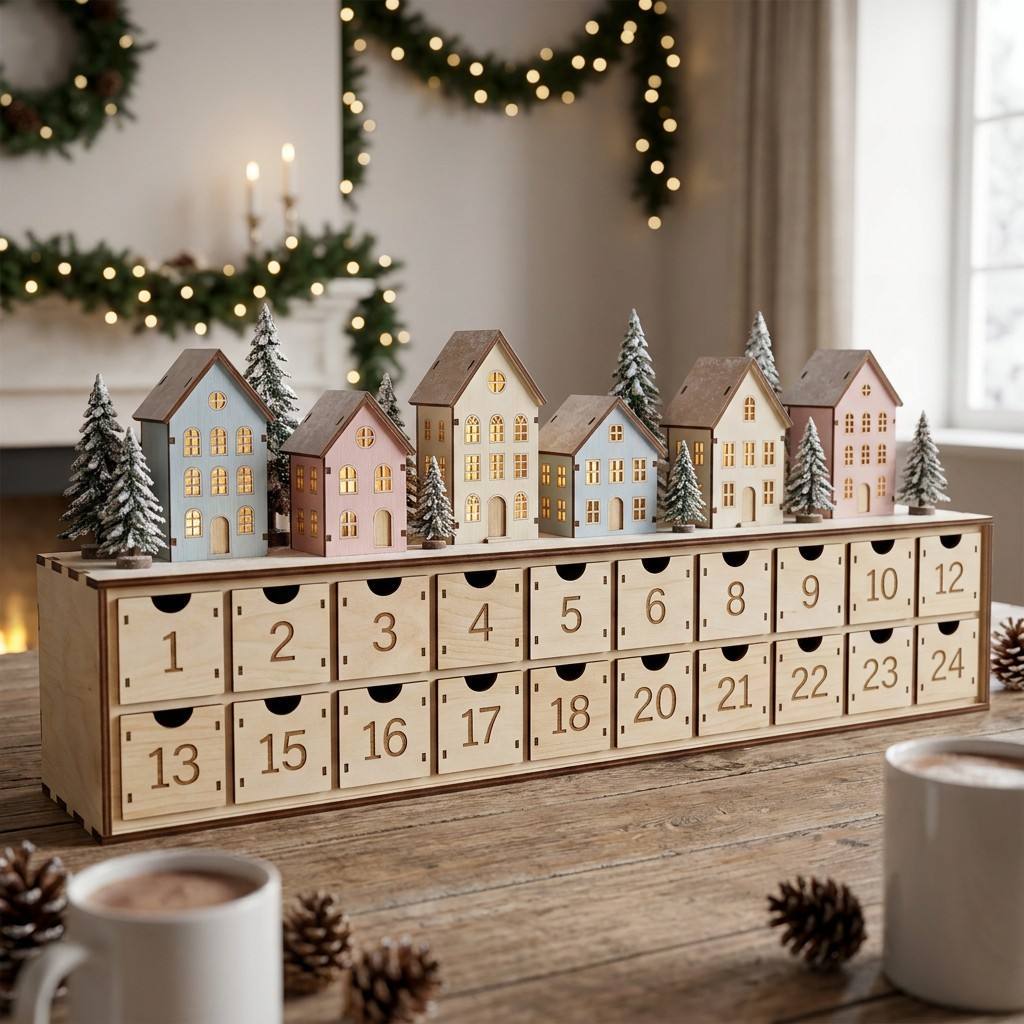 Wooden LED advent calendar with 24 drawers
