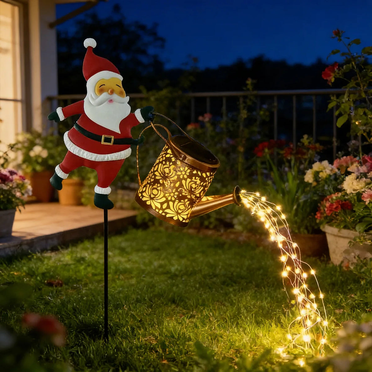 Santa watering can garden light at night
