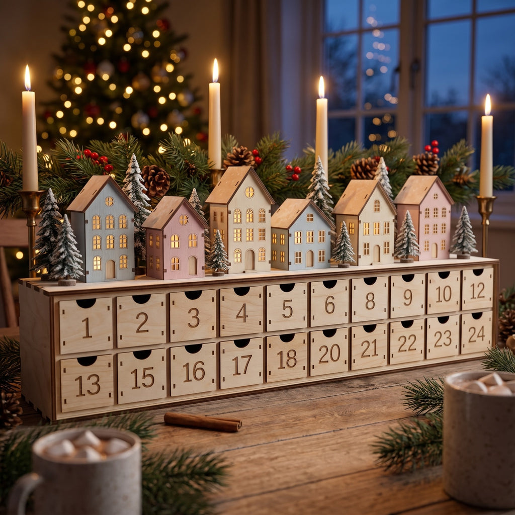 Wooden LED Christmas Advent Calendar with 24 Drawers
