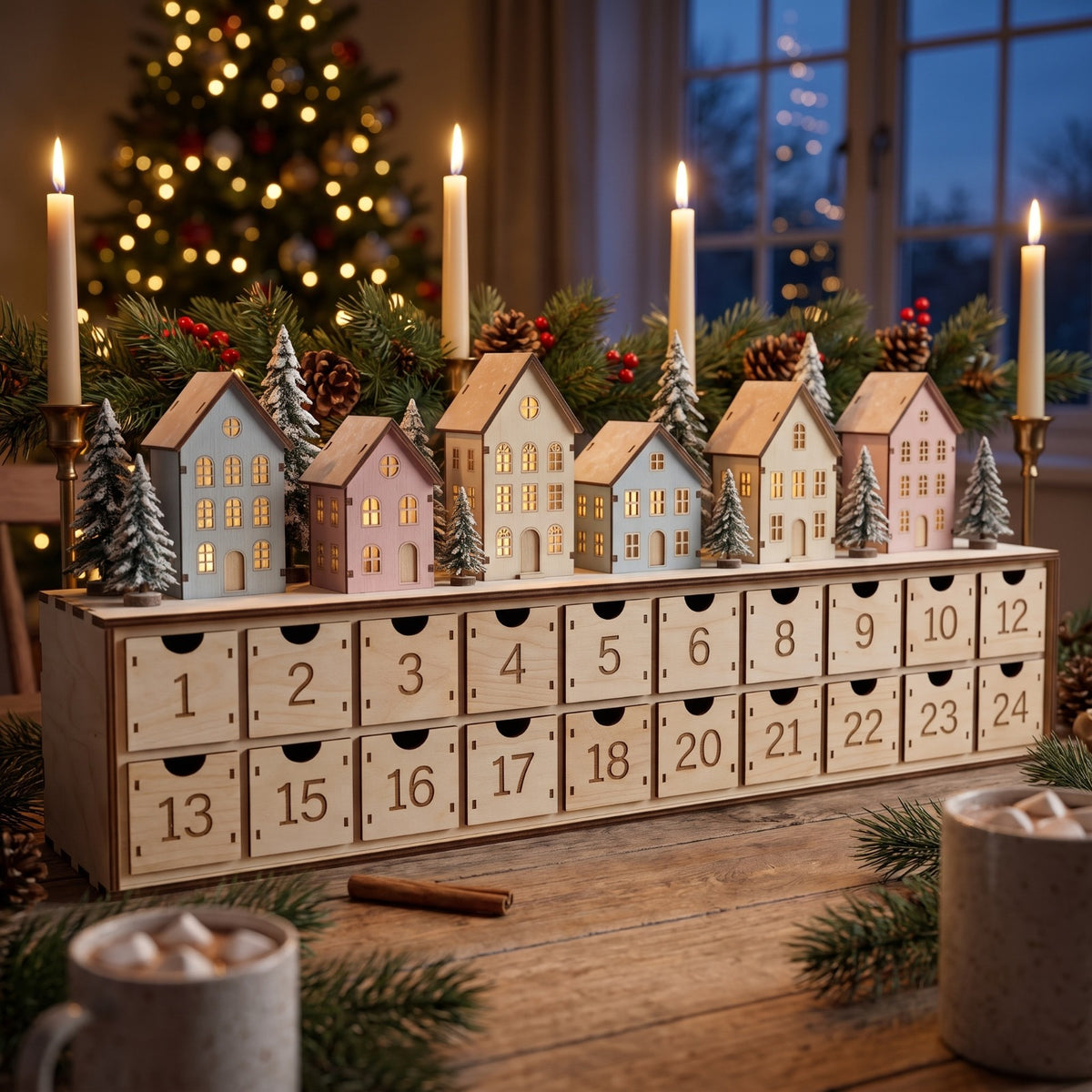 Wooden LED Christmas Advent Calendar with 24 Drawers