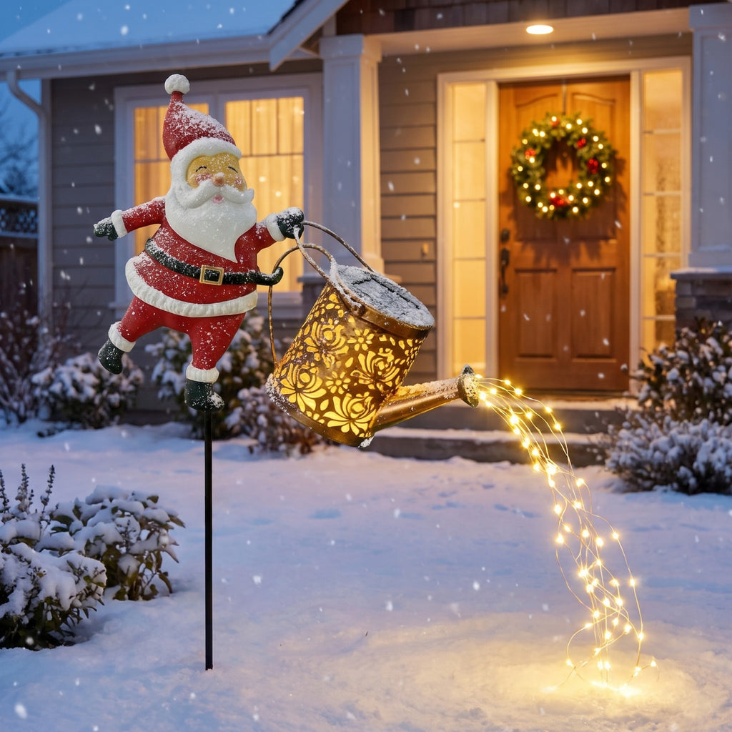 Santa Watering Can Garden Light with Stake