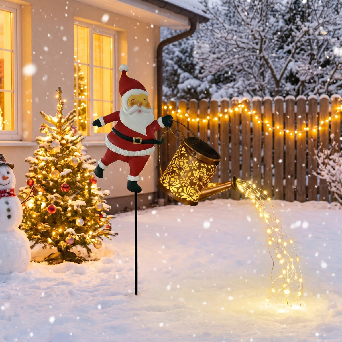 Santa Watering Can Garden Light with Stake