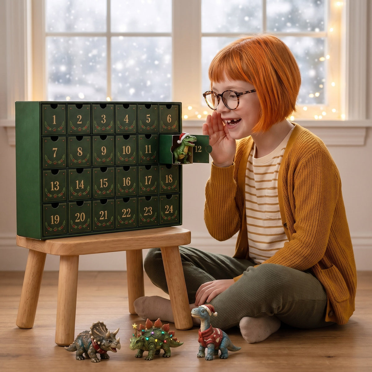 Girl whispering to a dinosaur figurine from an open drawer of the dinosaur advent calendar