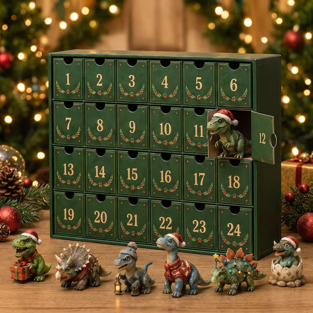 Dinosaur advent calendar with 24 numbered drawers and dinosaur figurines